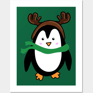 Festive Christmas Holiday Penguin Cartoon Doodle with Reindeer Antlers, made by EndlessEmporium Posters and Art